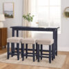 Eala 4 Piece Counter Height Table and Stool Set, Blue Wood, Gray Fabric