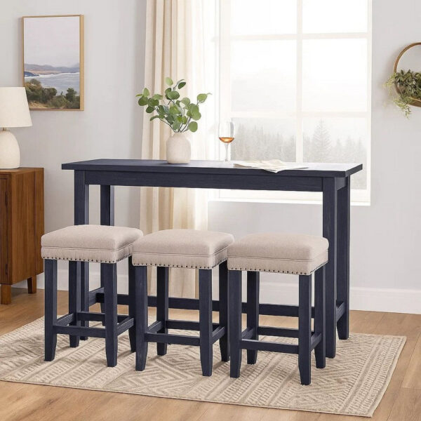Eala 4 Piece Counter Height Table and Stool Set, Blue Wood, Gray Fabric