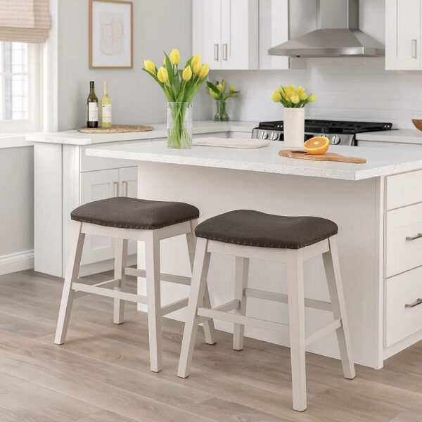 Rune 25 Inch Counter Height Wood Stool, Set of 2, Off White, Gray Seating