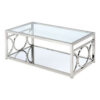 Paire 47 Inch Coffee Table, Glass Top, Mirrored Bottom Shelf, Metal Accents
