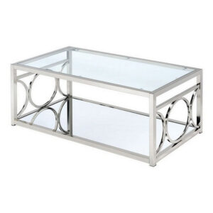 Paire 47 Inch Coffee Table, Glass Top, Mirrored Bottom Shelf, Metal Accents