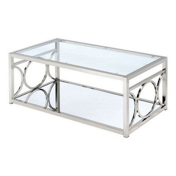 Paire 47 Inch Coffee Table, Glass Top, Mirrored Bottom Shelf, Metal Accents