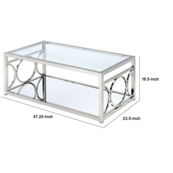 Paire 47 Inch Coffee Table, Glass Top, Mirrored Bottom Shelf, Metal Accents