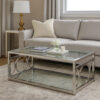 Paire 47 Inch Coffee Table, Glass Top, Mirrored Bottom Shelf, Metal Accents
