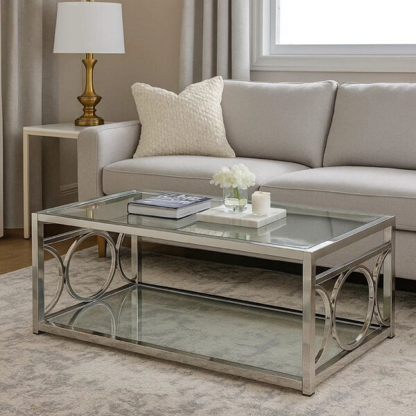 Paire 47 Inch Coffee Table, Glass Top, Mirrored Bottom Shelf, Metal Accents