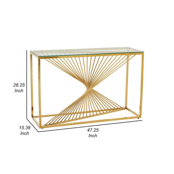 Glen 47 Inch Sofa Console Table, Tempered Glass Top, Twisted Slatted Design