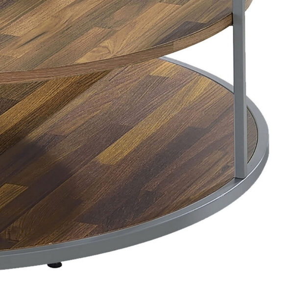 150220266991976765d8a.jpeg Lenn 35 Inch 3 Tier Round Brown Coffee Table, Half Shelf Design, Gray Frame