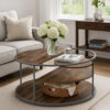 150220266991976b9fbee.jpeg Lenn 35 Inch 3 Tier Round Brown Coffee Table, Half Shelf Design, Gray Frame