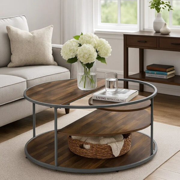 150220266991976b9fbee.jpeg Lenn 35 Inch 3 Tier Round Brown Coffee Table, Half Shelf Design, Gray Frame