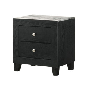 Yoh 23 Inch 2 Drawer Nightstand, White Marble Top, Metal Knobs, Black