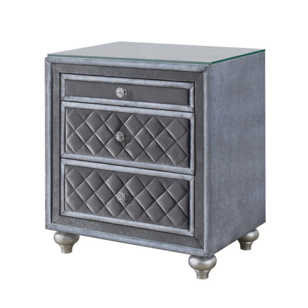 Rall 30 Inch 3 Drawer Nightstand, Glass Top, Crystal Knobs, Gray Velvet