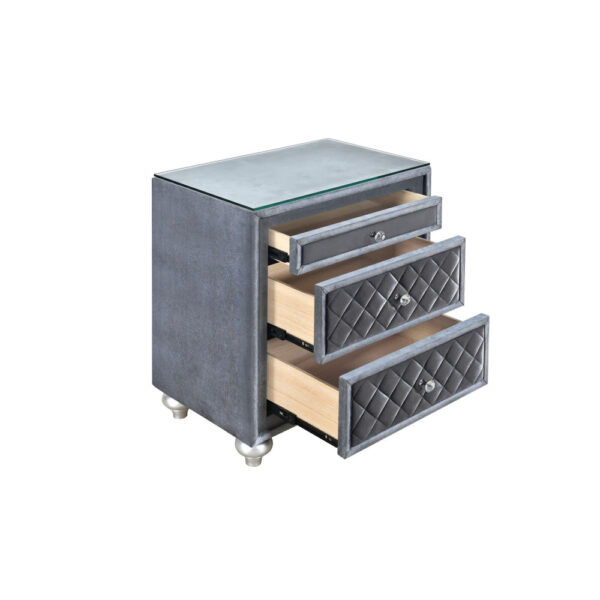 Rall 30 Inch 3 Drawer Nightstand, Glass Top, Crystal Knobs, Gray Velvet