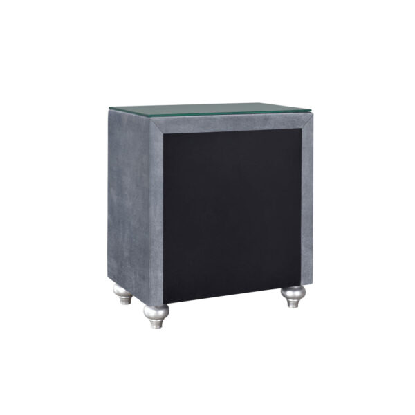 Rall 30 Inch 3 Drawer Nightstand, Glass Top, Crystal Knobs, Gray Velvet