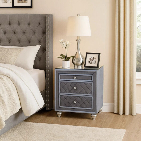 Rall 30 Inch 3 Drawer Nightstand, Glass Top, Crystal Knobs, Gray Velvet