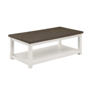 Mon 48 Inch Rectangular Coffee Table, Bottom Shelf, Brown Top, White Frame