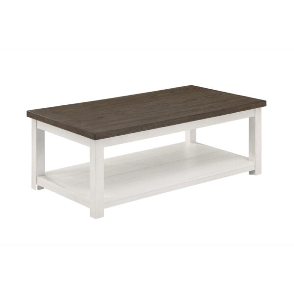 15022026699197ed377ad.jpeg Mon 48 Inch Rectangular Coffee Table, Bottom Shelf, Brown Top, White Frame
