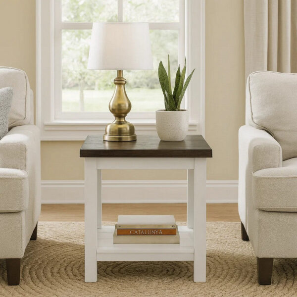 15022026699197ff97a94.jpeg Mon 24 Inch Square End Table, Open Bottom Shelf, Brown Top, White Frame