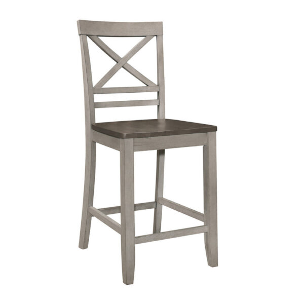 Brian 23 Inch Counter Chair, Crossbuck Backrest, Rustic Gray Wood, Brown