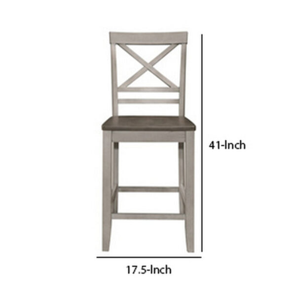 Brian 23 Inch Counter Chair, Crossbuck Backrest, Rustic Gray Wood, Brown