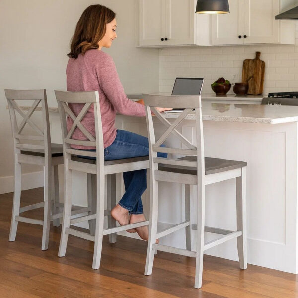 Brian 23 Inch Counter Chair, Crossbuck Backrest, Rustic Gray Wood, Brown