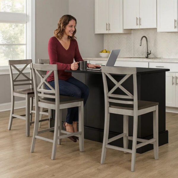 Brian 23 Inch Counter Chair, Crossbuck Backrest, Rustic Gray Wood, Brown