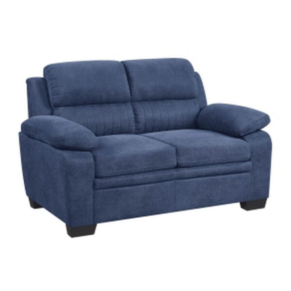 Hugh 58 Inch Loveseat, Blue Fabric, Pillow Armrests, Channel Tufted Back