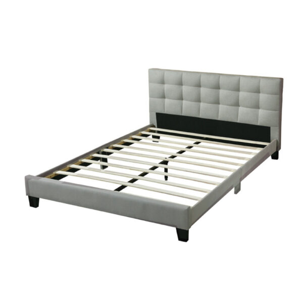 Dex Modern Platform Queen Size Bed, Square Tufted Upholstery, Light Gray
