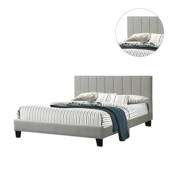 Dex Modern Platform Queen Size Bed, Square Tufted Upholstery, Light Gray
