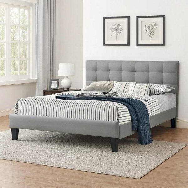 Dex Modern Platform Queen Size Bed, Square Tufted Upholstery, Light Gray