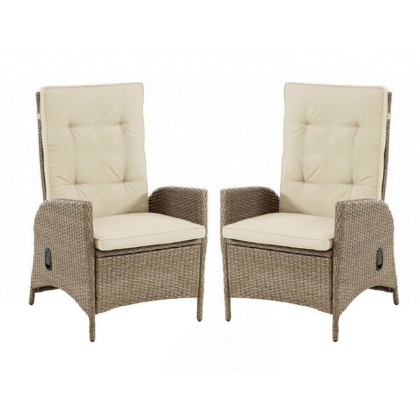 Ankia 25 Inch Outdoor Manual Reclining Chair, Set of 2, Brown Wicker, Beige