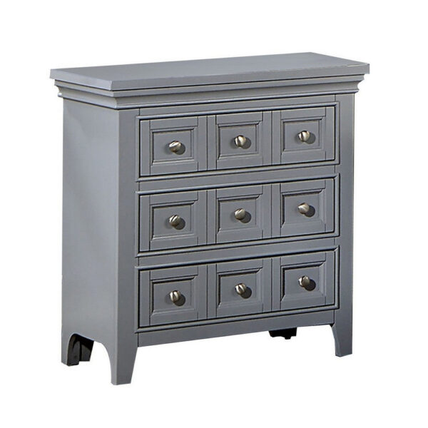 15022026699198fe68655.jpeg Cile 26 Inch Nightstand, 3 Panel Drawers, Gray Wood, Round Nickel Handles
