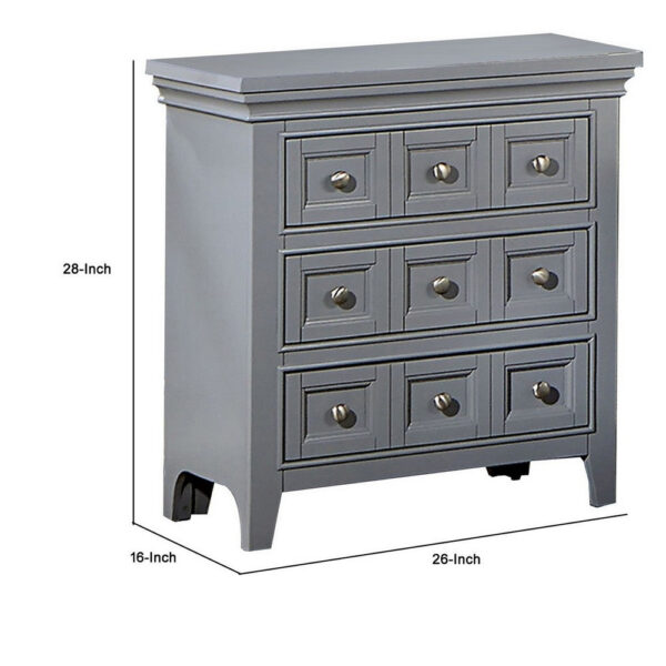1502202669919904b44f8.jpeg Cile 26 Inch Nightstand, 3 Panel Drawers, Gray Wood, Round Nickel Handles