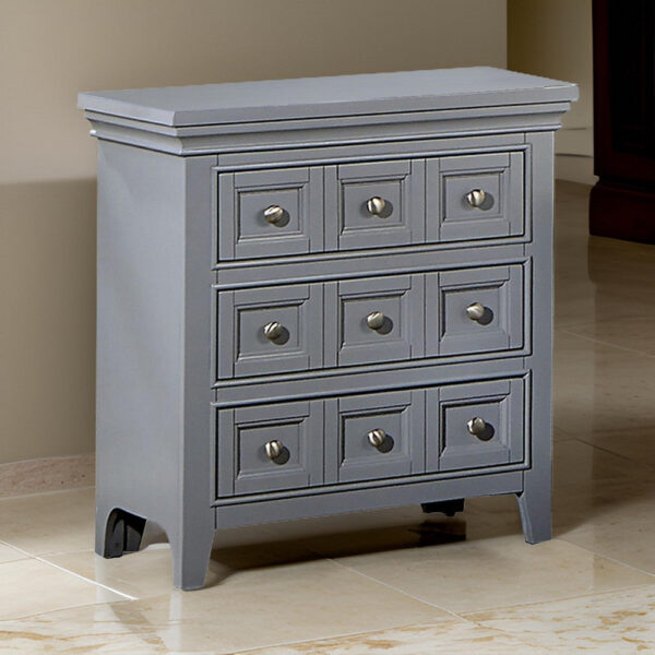 1502202669919906674b6.jpeg Cile 26 Inch Nightstand, 3 Panel Drawers, Gray Wood, Round Nickel Handles