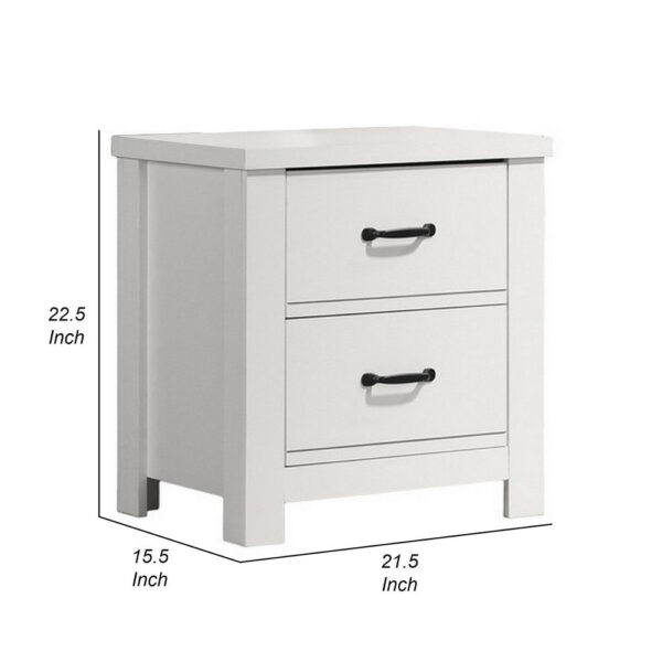 Jermy 22 Inch Nightstand, 2 Drawers, Black Handles, Crisp White Finish