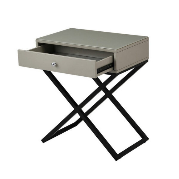 150220266991994ad14c7.jpeg Zeno 27 Inch 1 Drawer Nightstand, Glass Top, Black Metal Cross Legs, Taupe