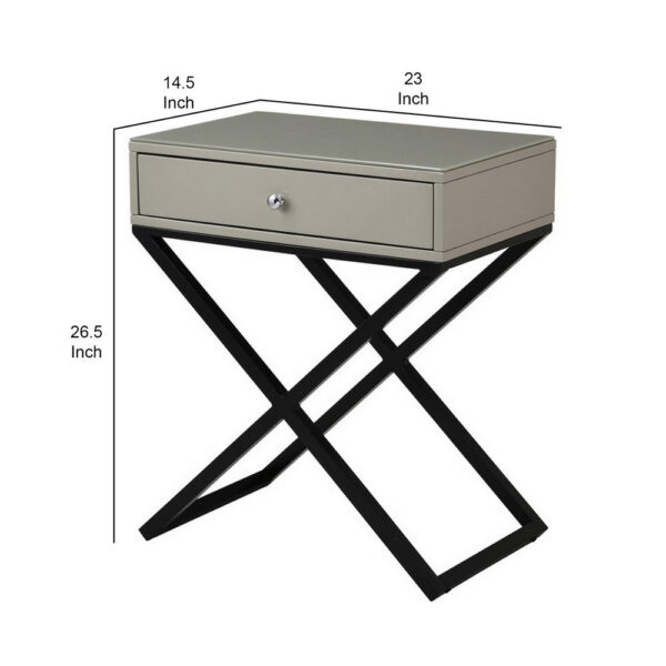 150220266991994c9a7db.jpeg Zeno 27 Inch 1 Drawer Nightstand, Glass Top, Black Metal Cross Legs, Taupe