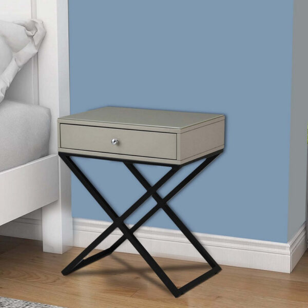 150220266991994e90175.jpeg Zeno 27 Inch 1 Drawer Nightstand, Glass Top, Black Metal Cross Legs, Taupe