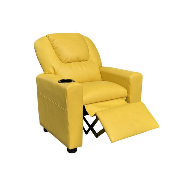 15022026699199526bfe8.jpeg Kids Youth Recliner Chair with Cup Holder, Yellow Faux Leather Upholstery