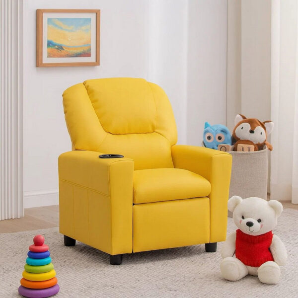 1502202669919958ee06d.jpeg Kids Youth Recliner Chair with Cup Holder, Yellow Faux Leather Upholstery
