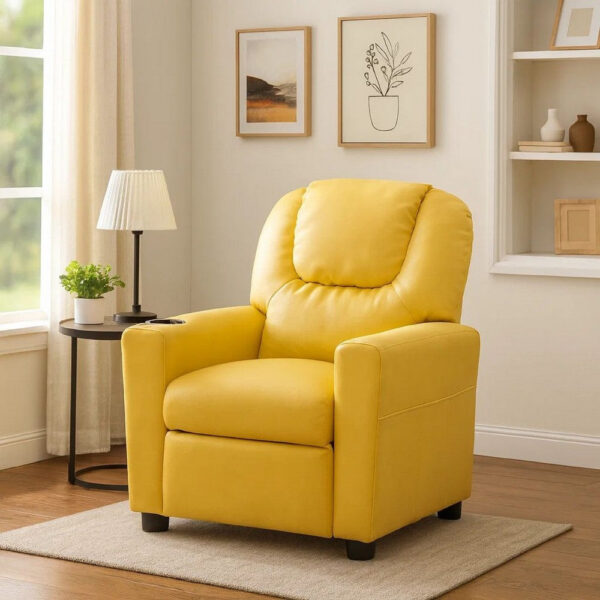 150220266991995a9bade.jpeg Kids Youth Recliner Chair with Cup Holder, Yellow Faux Leather Upholstery