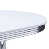 Loy 60 Inch Oval Dining Table, Glossy White Wood Top, Ribbed Chrome Apron