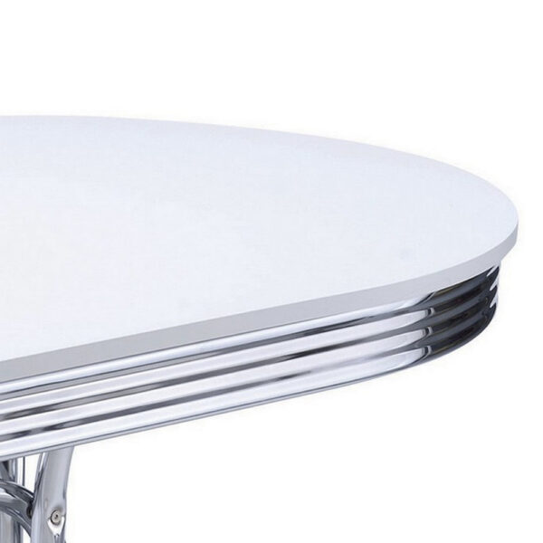Loy 60 Inch Oval Dining Table, Glossy White Wood Top, Ribbed Chrome Apron