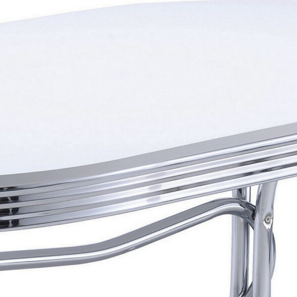 Loy 60 Inch Oval Dining Table, Glossy White Wood Top, Ribbed Chrome Apron