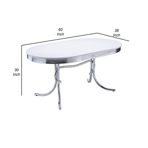 Loy 60 Inch Oval Dining Table, Glossy White Wood Top, Ribbed Chrome Apron