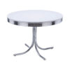 Loy 42 Inch Round Dining Table, Glossy White Wood Top, Ribbed Chrome Apron