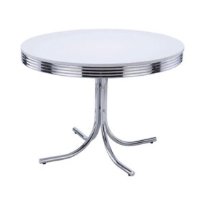 150220266991996b1c2b1.jpeg Loy 42 Inch Round Dining Table, Glossy White Wood Top, Ribbed Chrome Apron