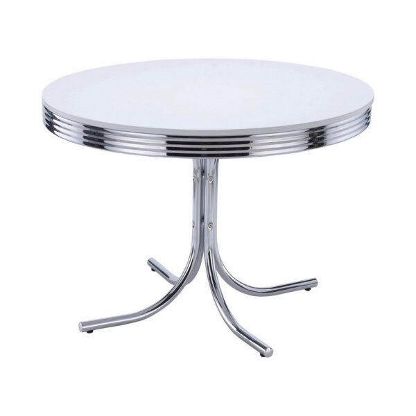 Loy 42 Inch Round Dining Table, Glossy White Wood Top, Ribbed Chrome Apron