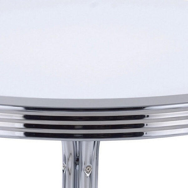 Loy 42 Inch Round Dining Table, Glossy White Wood Top, Ribbed Chrome Apron