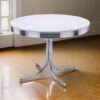 Loy 42 Inch Round Dining Table, Glossy White Wood Top, Ribbed Chrome Apron