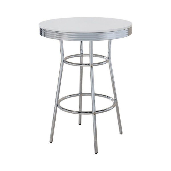 42 Inch Round Bar Table, Ribbed Apron, Glossy White Lacquer, Retro Style
